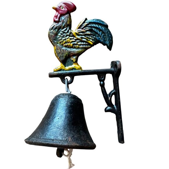 Vintage Cast Iron Rooster Dinner Bell Wall Mounted Hand Painted Door Bell - Picture 1 of 6